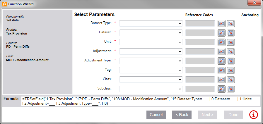 Screen capture showing an example of formula parameters.